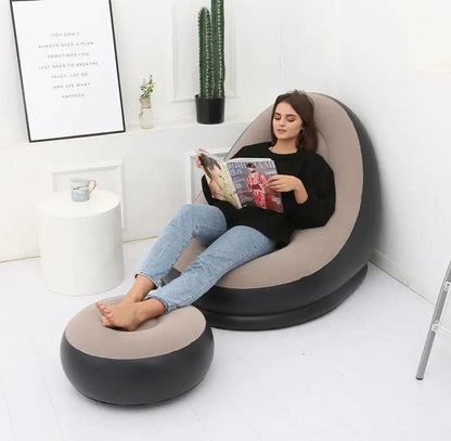 FLIPSTYLEZLLC Lazy Bean Bag with Inflatable Folding Sofa, beige cushion, gray base, ottoman on Tampa Home & Garden Store