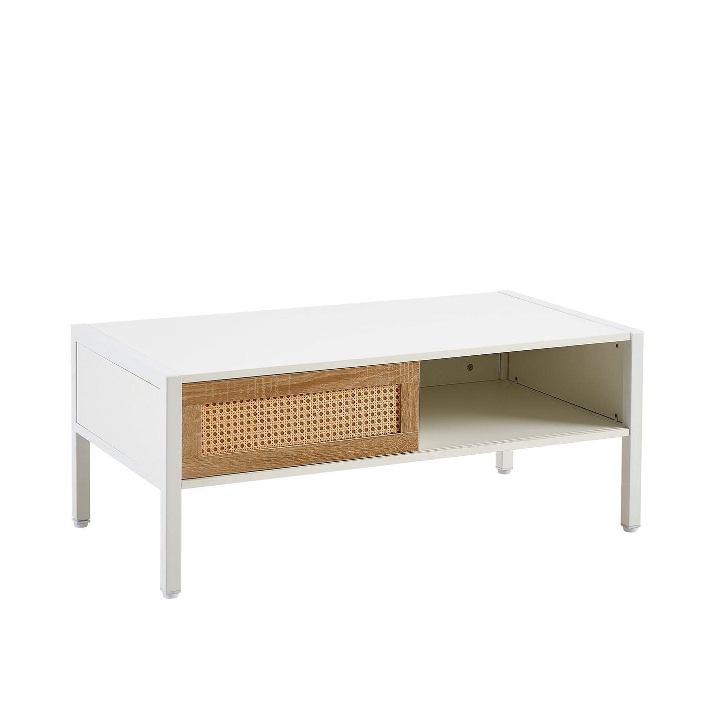 Modern Rattan Coffee Table with Sliding Door, white frame and woven front HouseOfZazla on Tampa Home & Garden Store