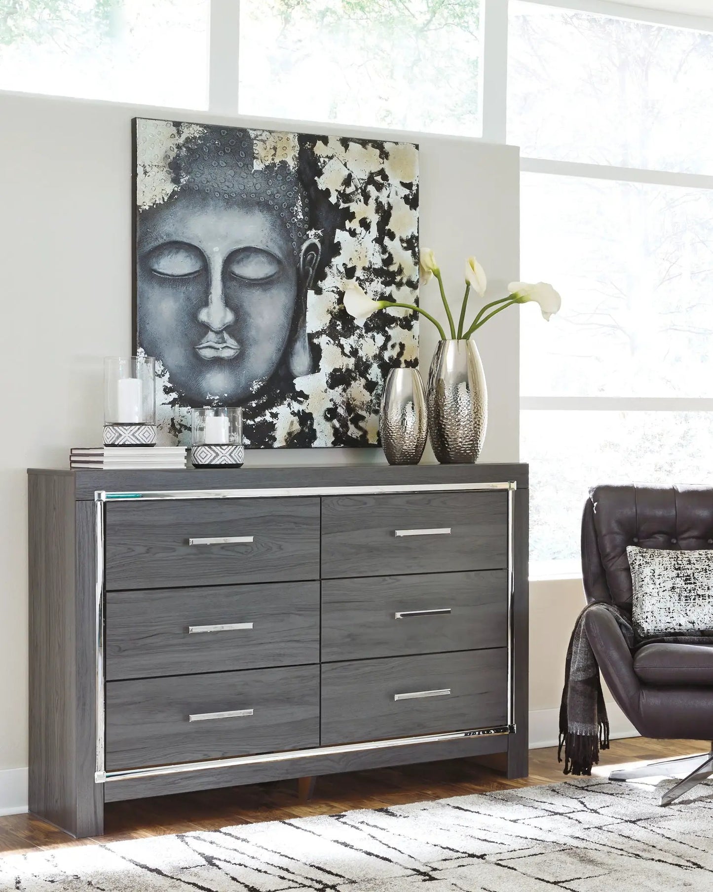 Lodonna 7 Piece Bedroom Set by Unique Piece Furniture with dark gray wood dresser and chrome hardware on Tampa Home & Garden Store