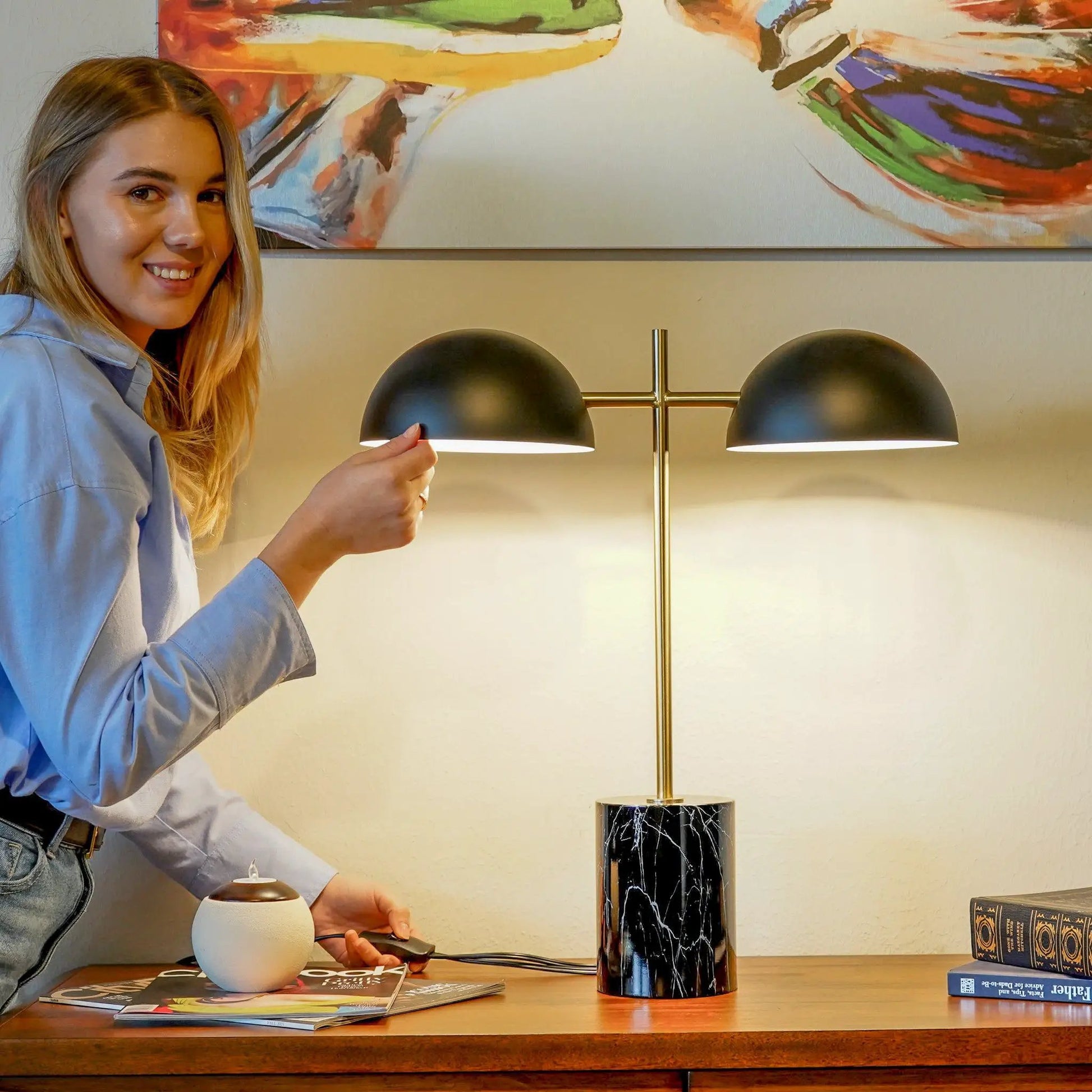 Nova Hydro table lamp with double black domes, gold stem and marble base Unique Piece on Tampa Home & Garden Store