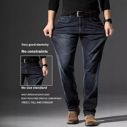 High Elastic Men's Straight Loose Jeans, dark wash denim with elastic waist and belt on Tampa Home & Garden Store