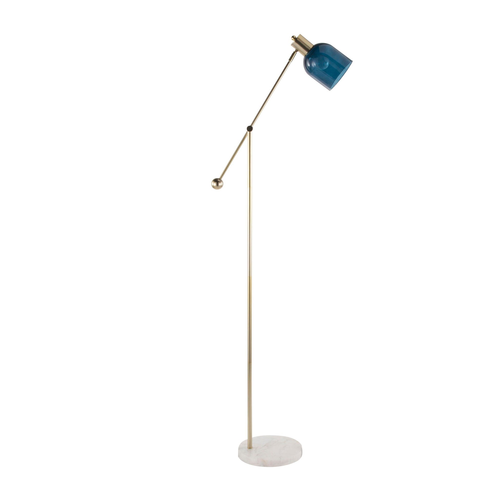 Marcel contemporary glam floor lamp by HouseOfZazla with brass finish, blue shade, marble base on Tampa Home & Garden Store