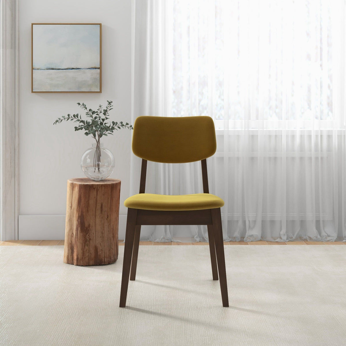 Solid Back Side Chair Set in mustard yellow fabric with dark wood legs on Tampa Home & Garden Store