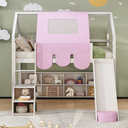 Loft bed with house-shaped pink fabric tent and white wood frame with cubby storage on Tampa Home & Garden Store