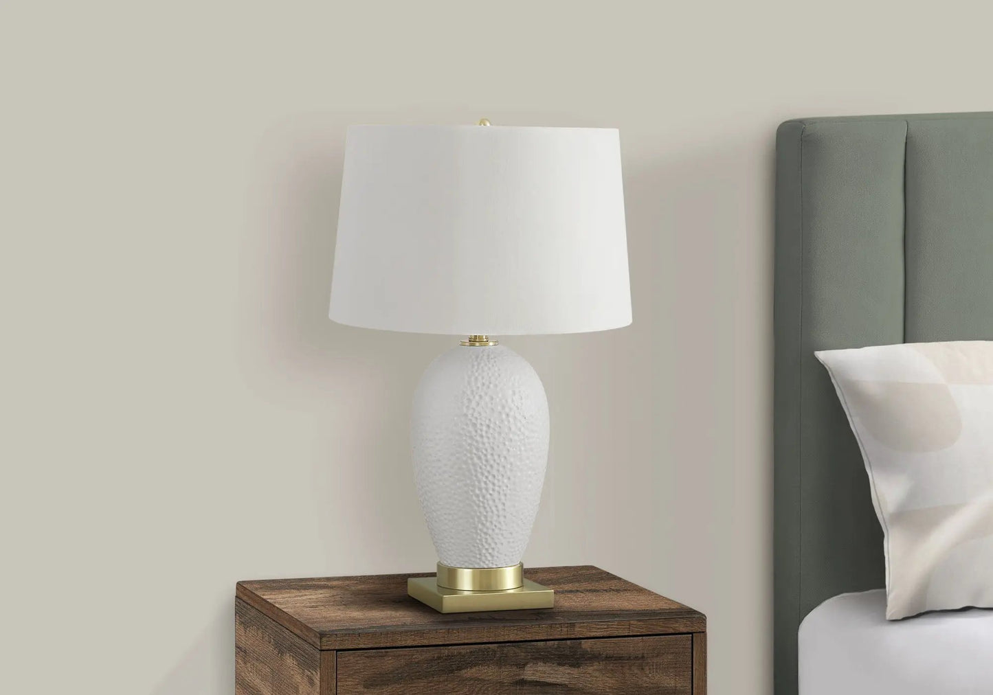 Table lamp ceramic white with textured body, white shade and brass accents on wood nightstand on Tampa Home & Garden Store