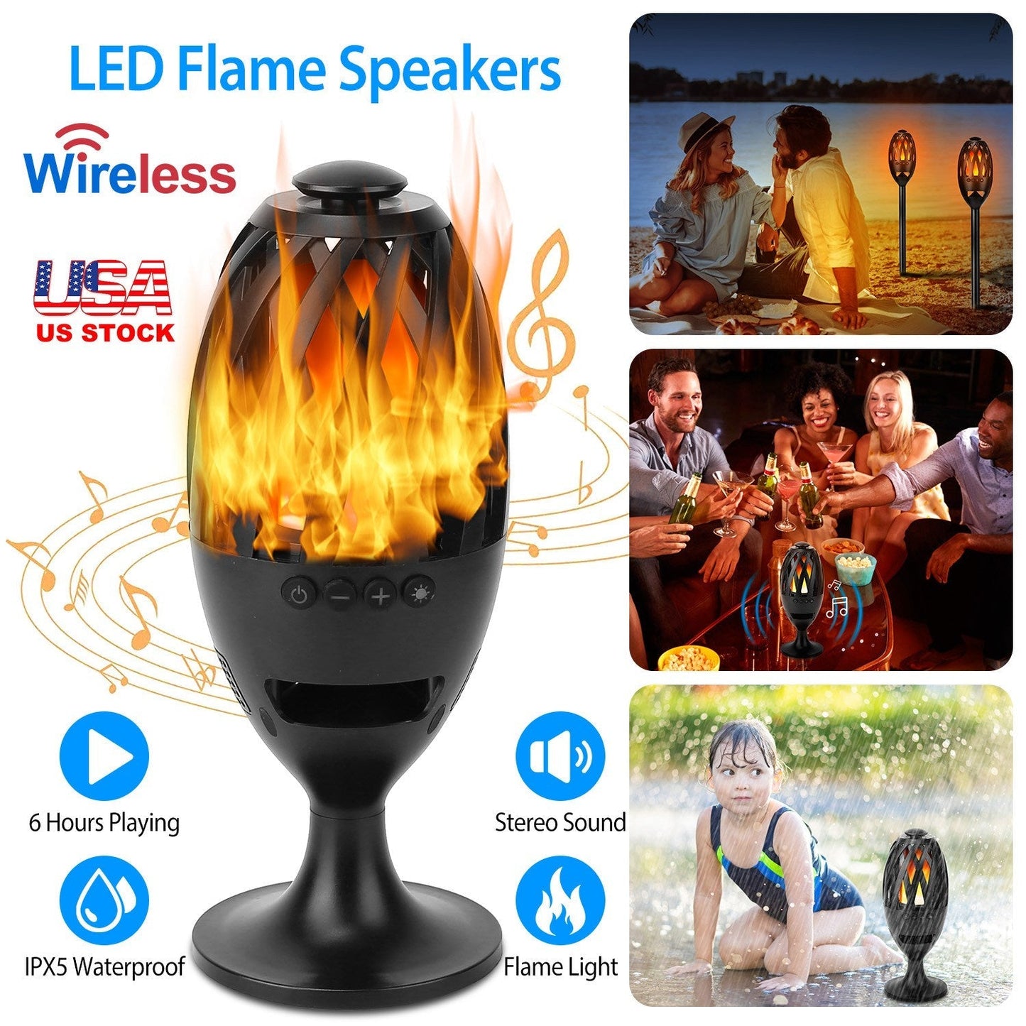 GemGear LED Flame Speakers torch wireless speaker with LED flame black IPX5 waterproof on Tampa Home & Garden Store