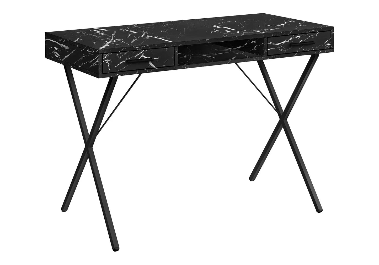 Computer desk black marble-look laminate with dual end storage drawers and shelf, X-base legs on Tampa Home & Garden Store