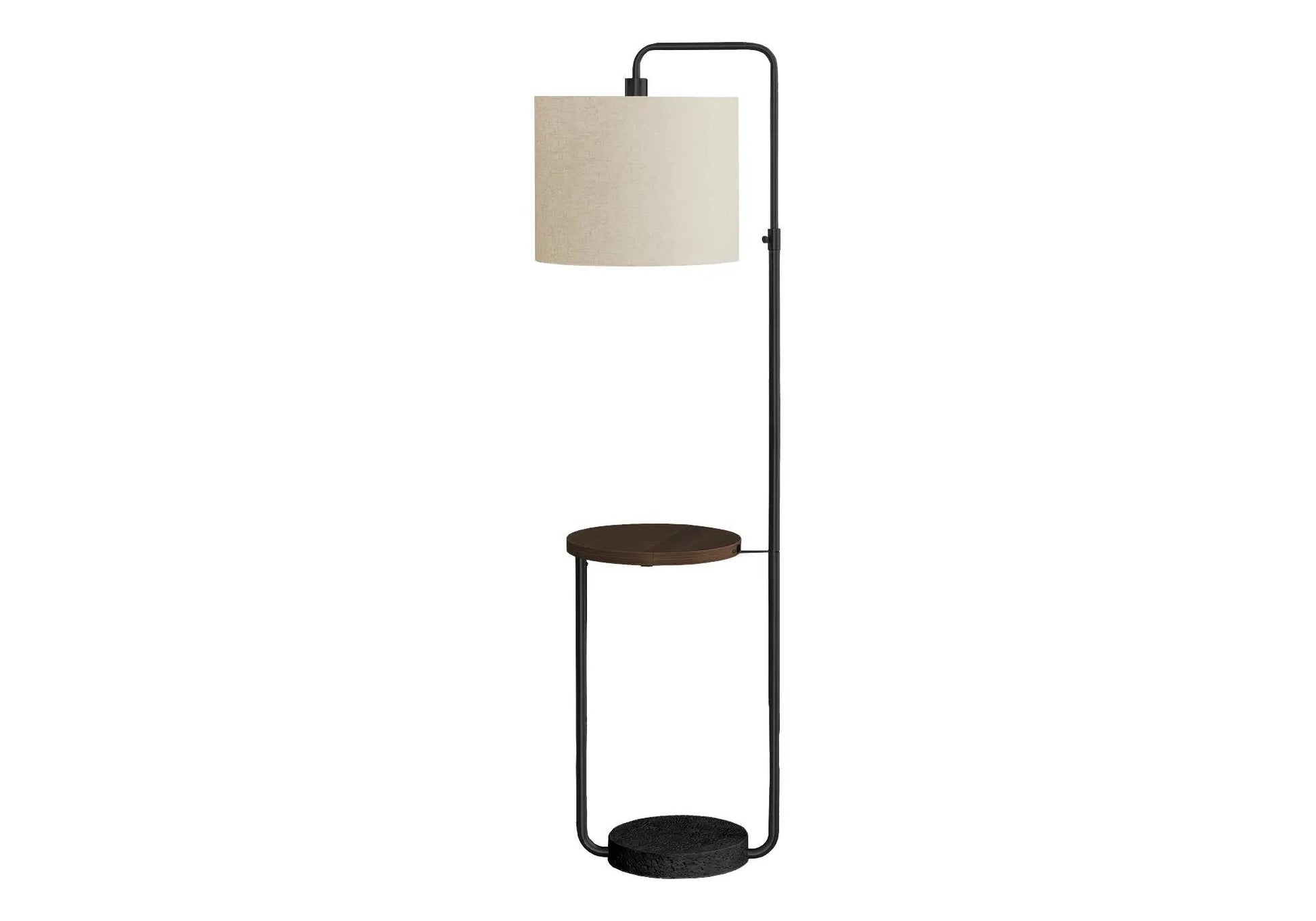 Floor lamp with beige drum shade and curved black metal arm, includes small wooden shelf on Tampa Home & Garden Store