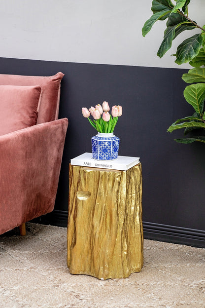 Unique Golden Tree Trunk Stool with antique gold distressed finish pedestal side table styling on Tampa Home & Garden Store