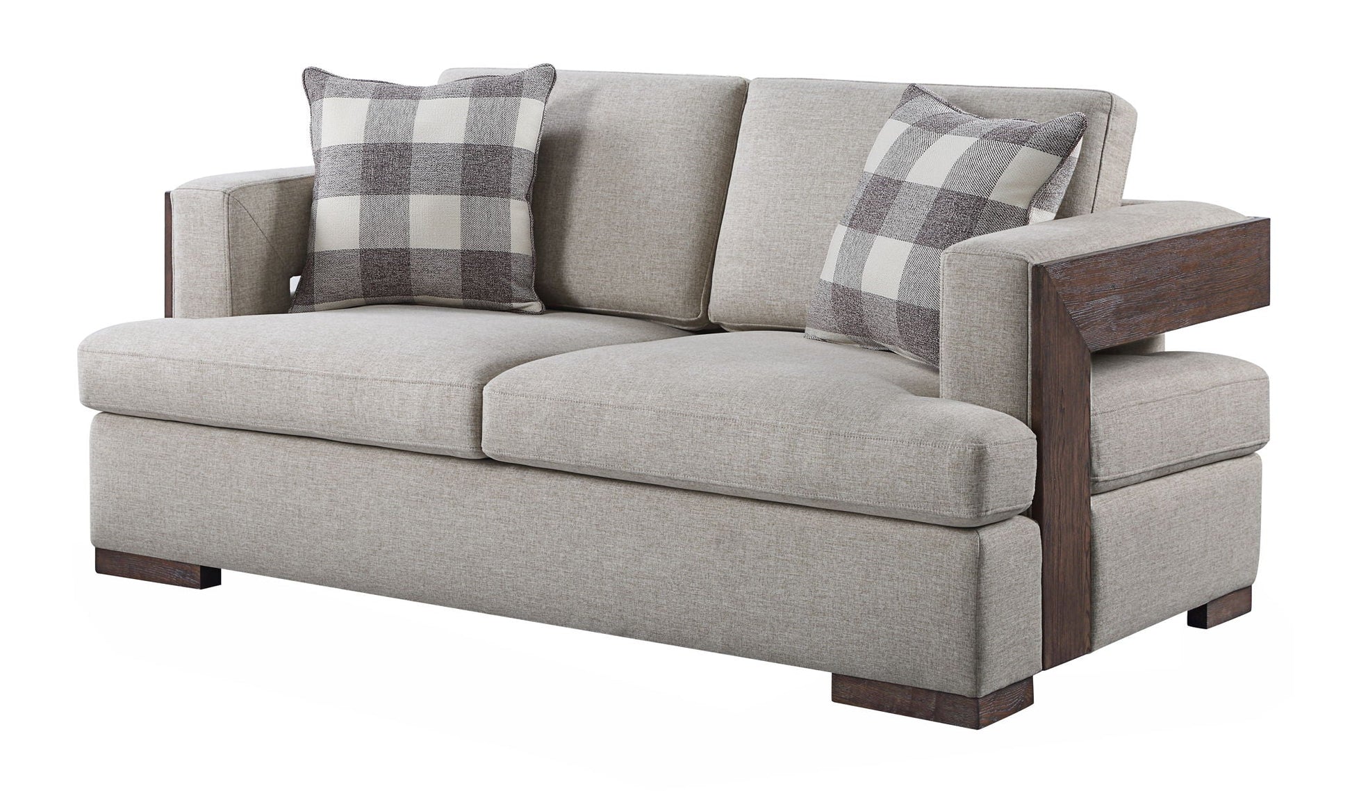 Niamey Loveseat with 2 toss pillows, beige fabric, walnut wood arms, HouseOfZazla on Tampa Home & Garden Store