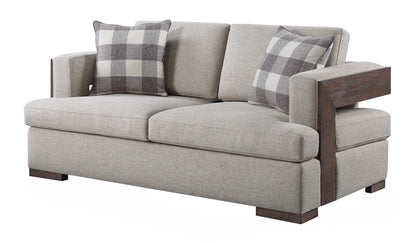 Niamey Loveseat with 2 toss pillows, beige fabric, walnut wood arms, HouseOfZazla on Tampa Home & Garden Store