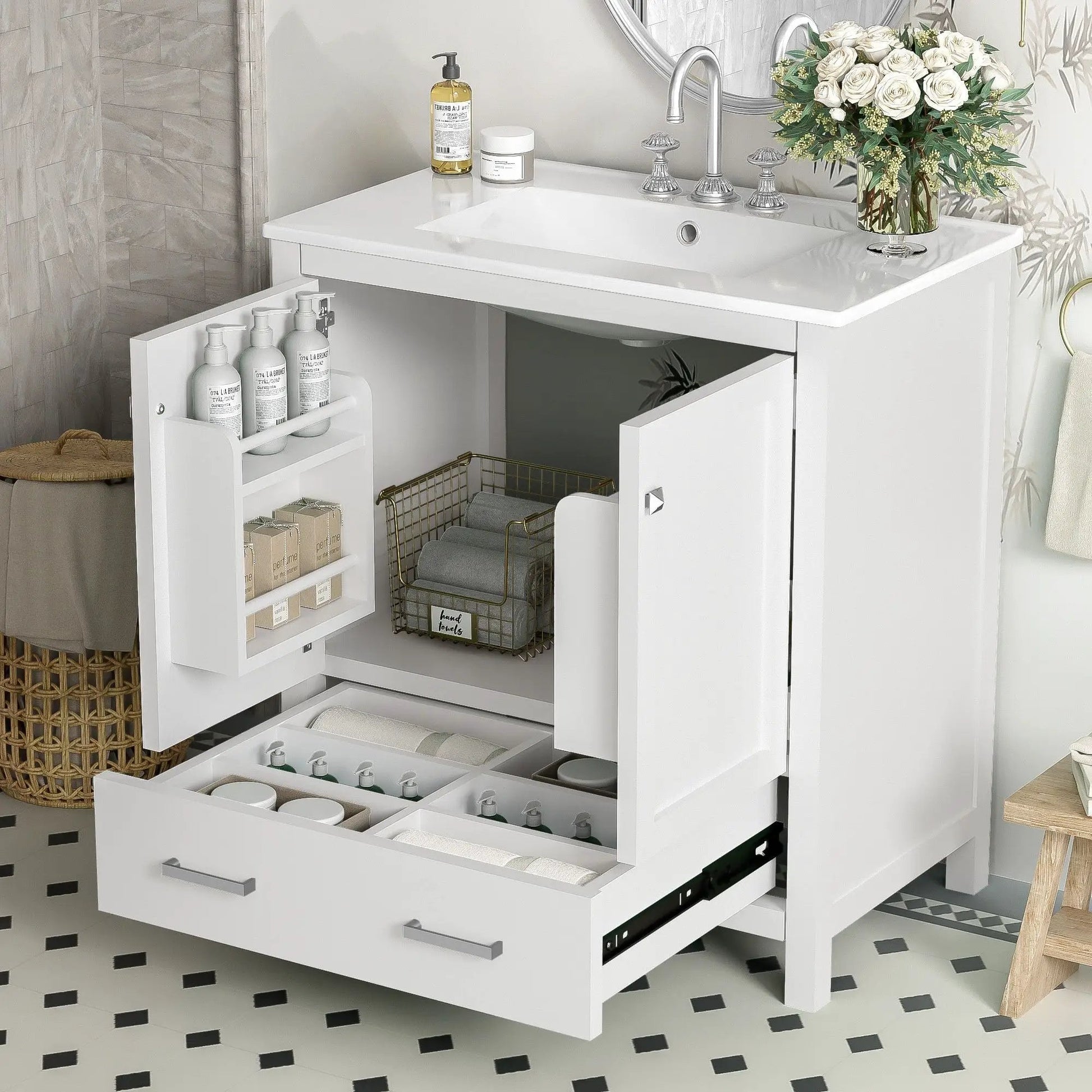 White bathroom vanity with sink, two-door cabinet, soft-close storage, solid wood frame on Tampa Home & Garden Store