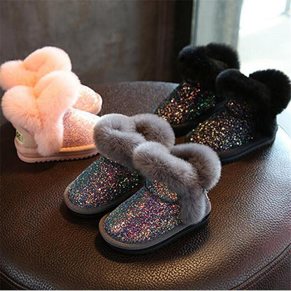 Toddler winter snow boots Stevvex with glittery multicolor upper and plush gray fur trim on Tampa Home & Garden Store