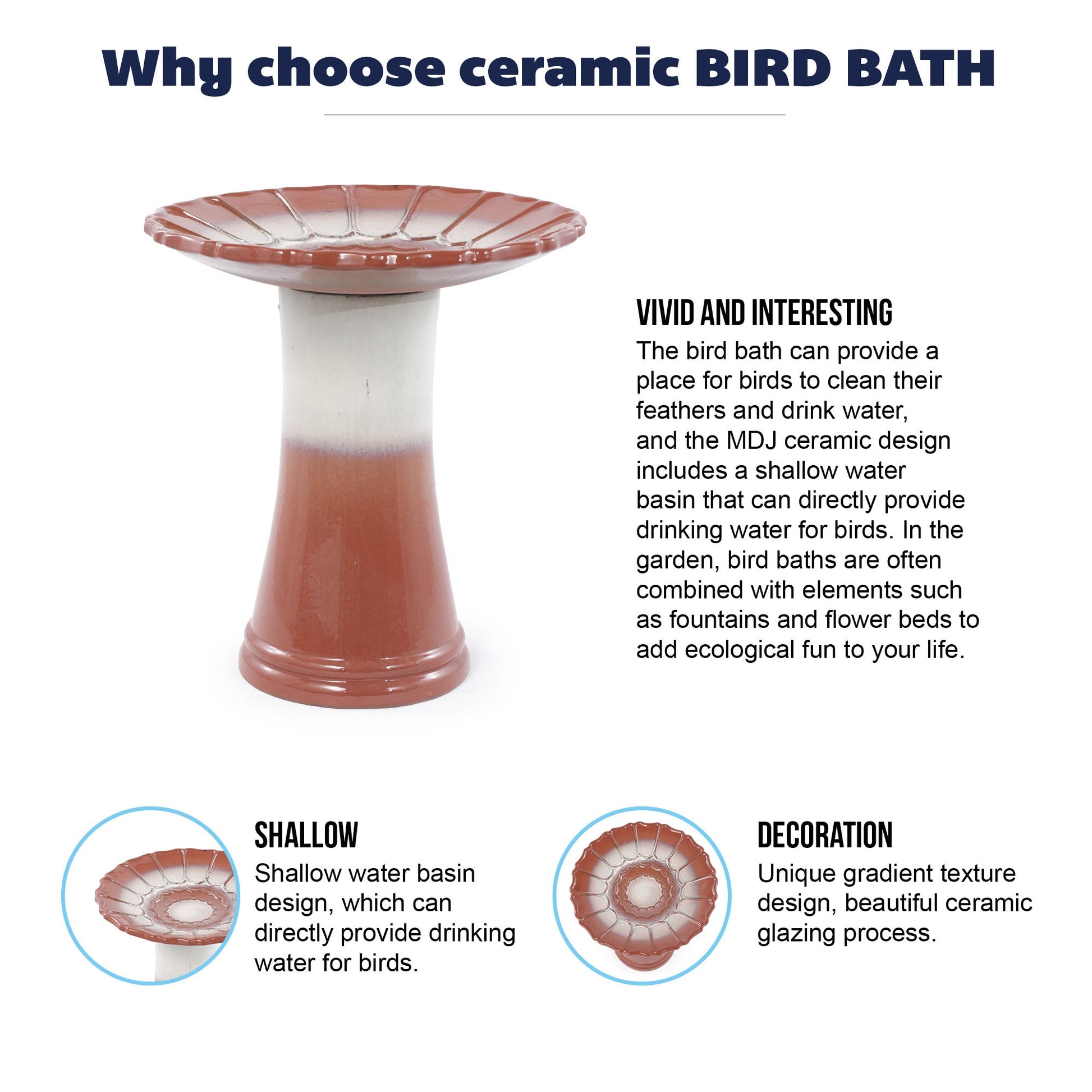 Handmade glazed ceramic bird bath with red-brown bowl on white pedestal garden saucer on Tampa Home & Garden Store