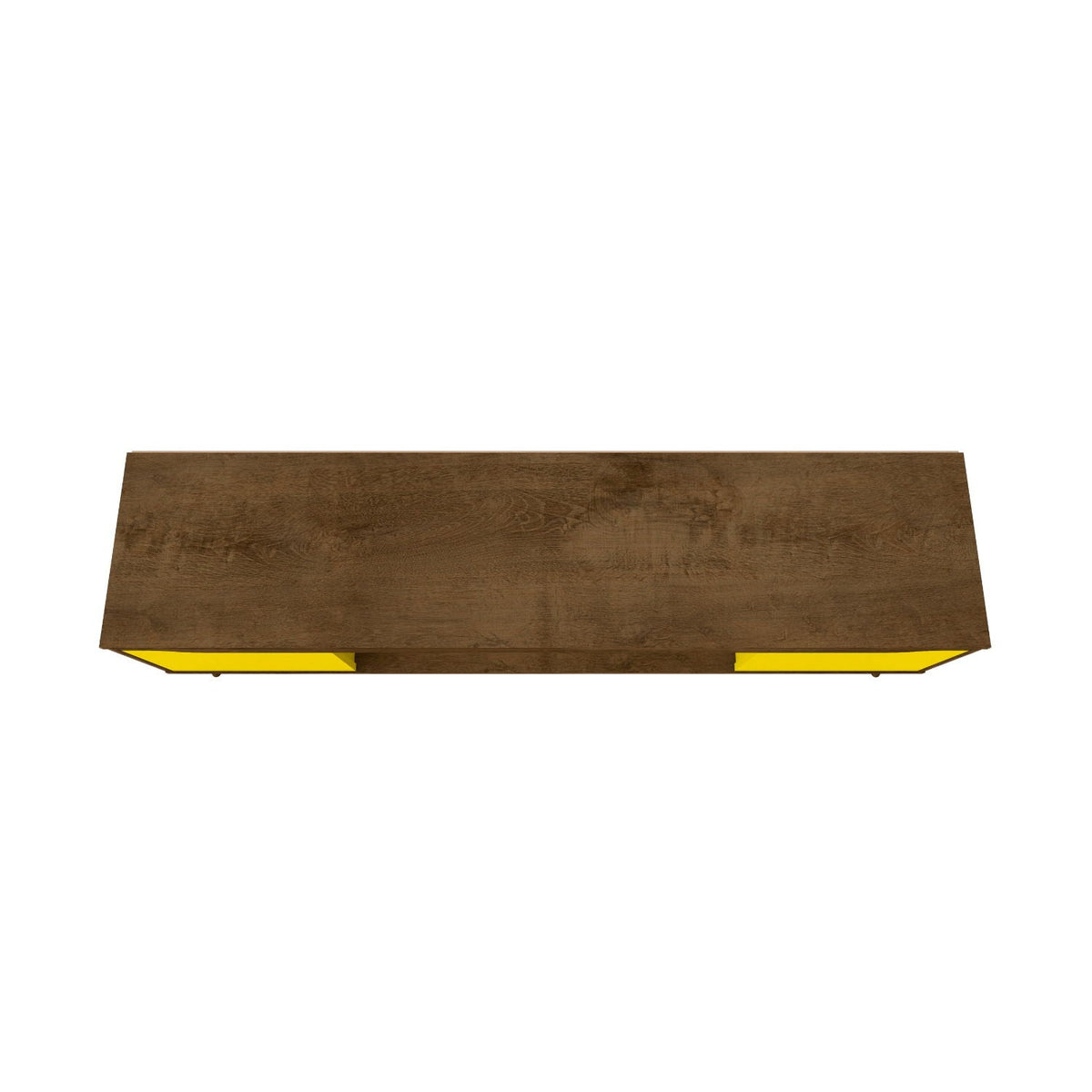 TV stand with concealed storage in brown wood finish with yellow accents on ends on Tampa Home & Garden Store
