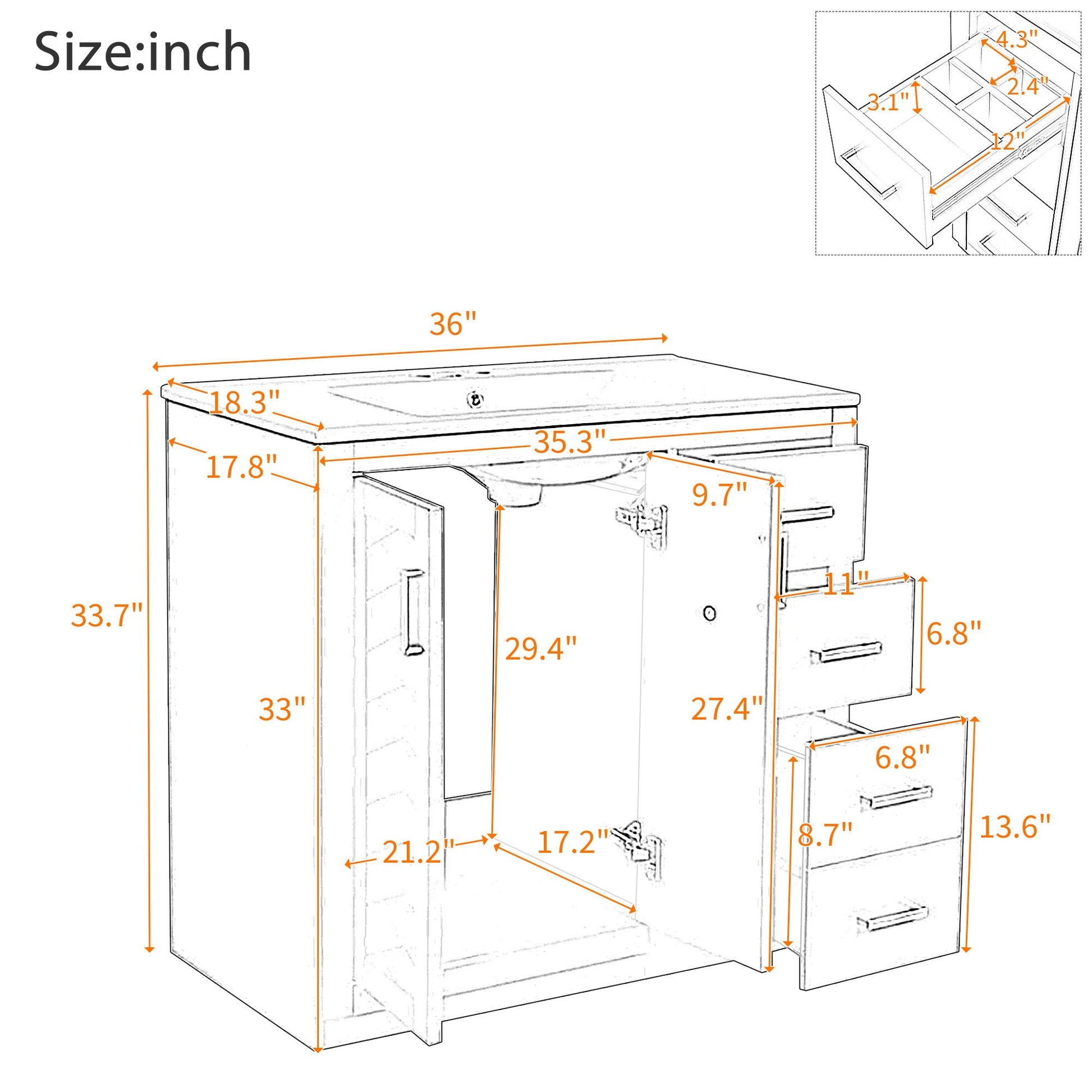 Bathroom vanity with sink combo freestanding unit with 3 drawers and soft closing doors by HouseOfZazla, 36-inch width on Tampa Home & Garden Store