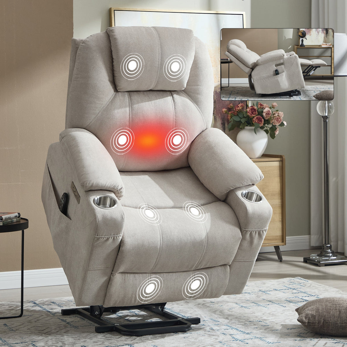 Premium power lift recliner with massage, gray upholstery, remote on arm HouseOfZazla on Tampa Home & Garden Store