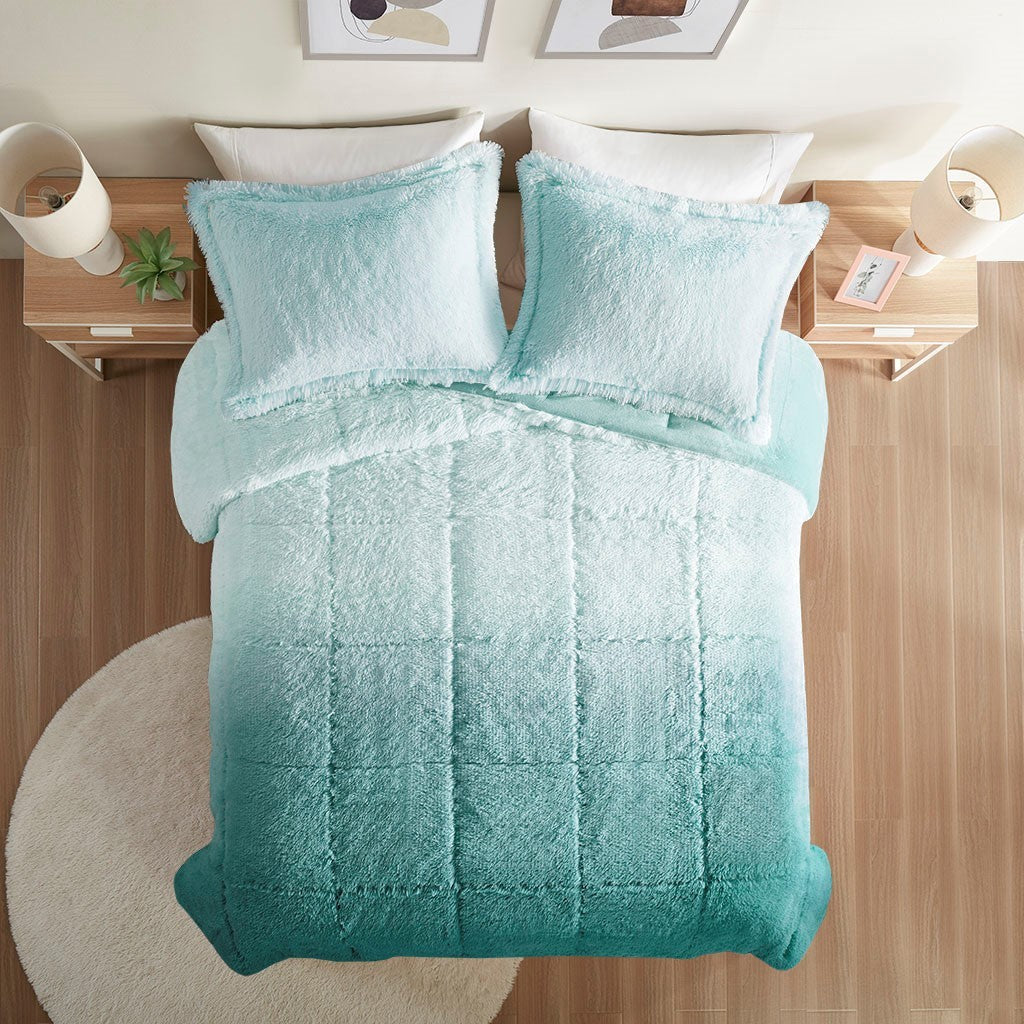 Full/Queen Ombre Shaggy Long Fur Comforter Mini Set with 2 teal shams by HouseOfZazla on Tampa Home & Garden Store