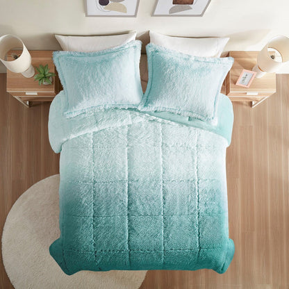 Full/Queen Ombre Shaggy Long Fur Comforter Mini Set with 2 teal shams by HouseOfZazla on Tampa Home & Garden Store