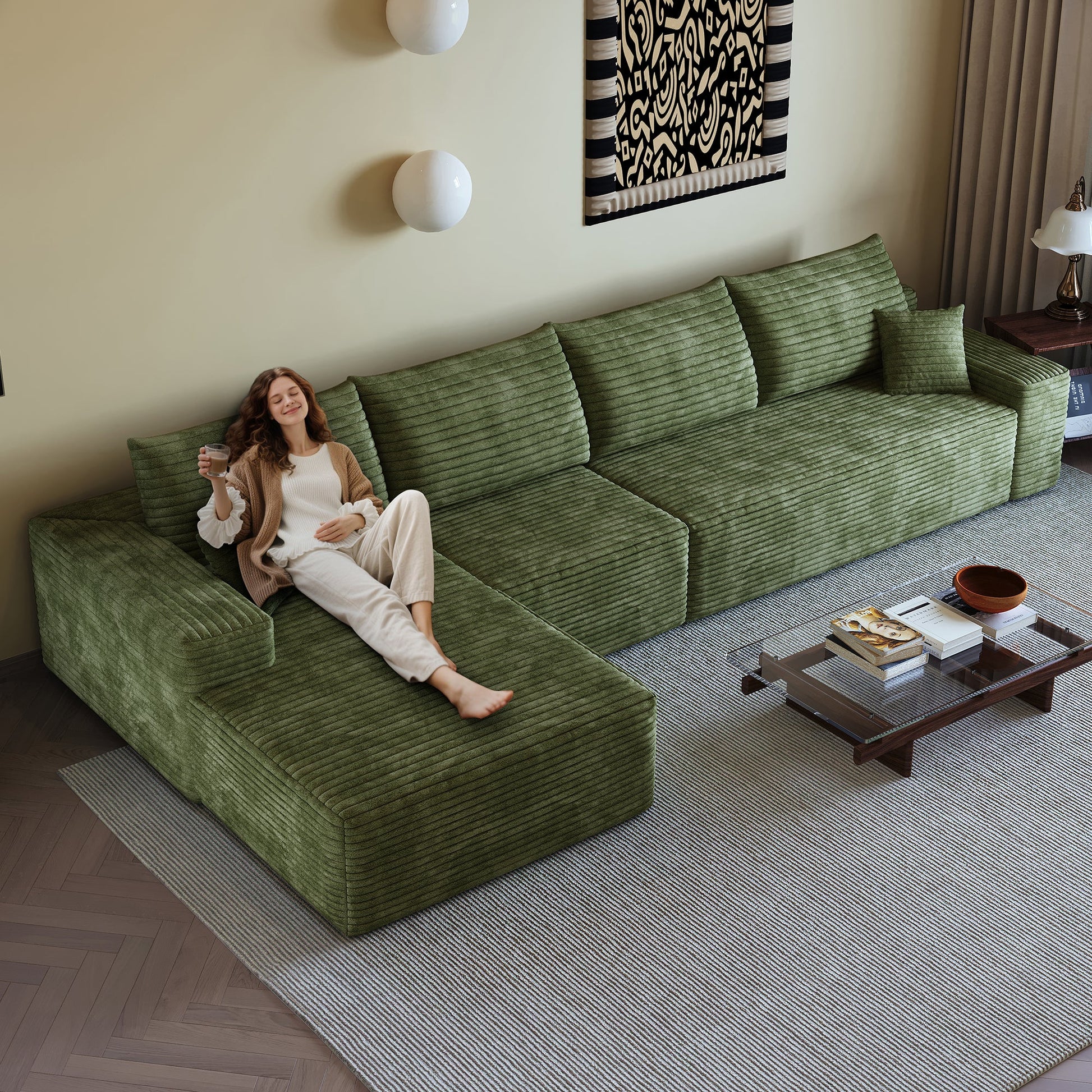 135in Cloud sectional sofa with L-shaped chaise in olive green corduroy by HouseOfZazla on Tampa Home & Garden Store
