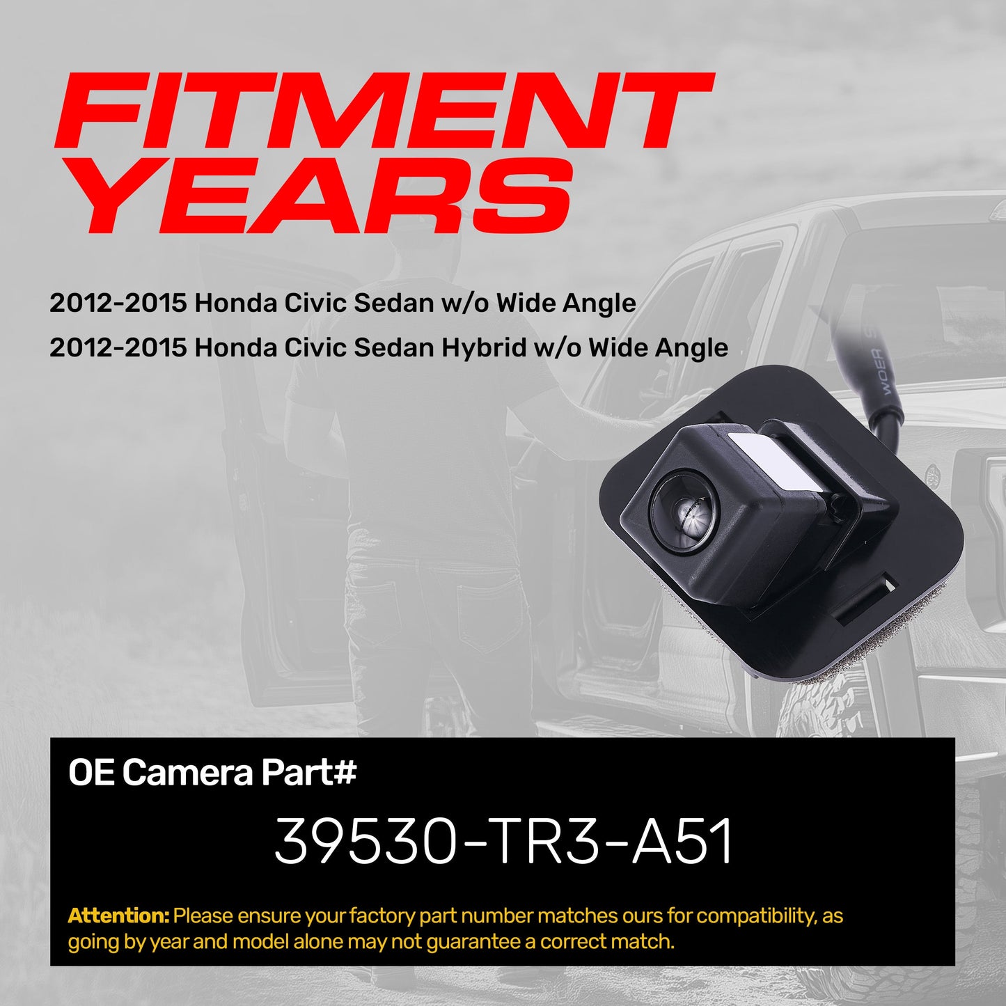 Honda Civic OE backup camera 2012-2015, OEM part 39530-TR3-A51, black housing on Tampa Home & Garden Store