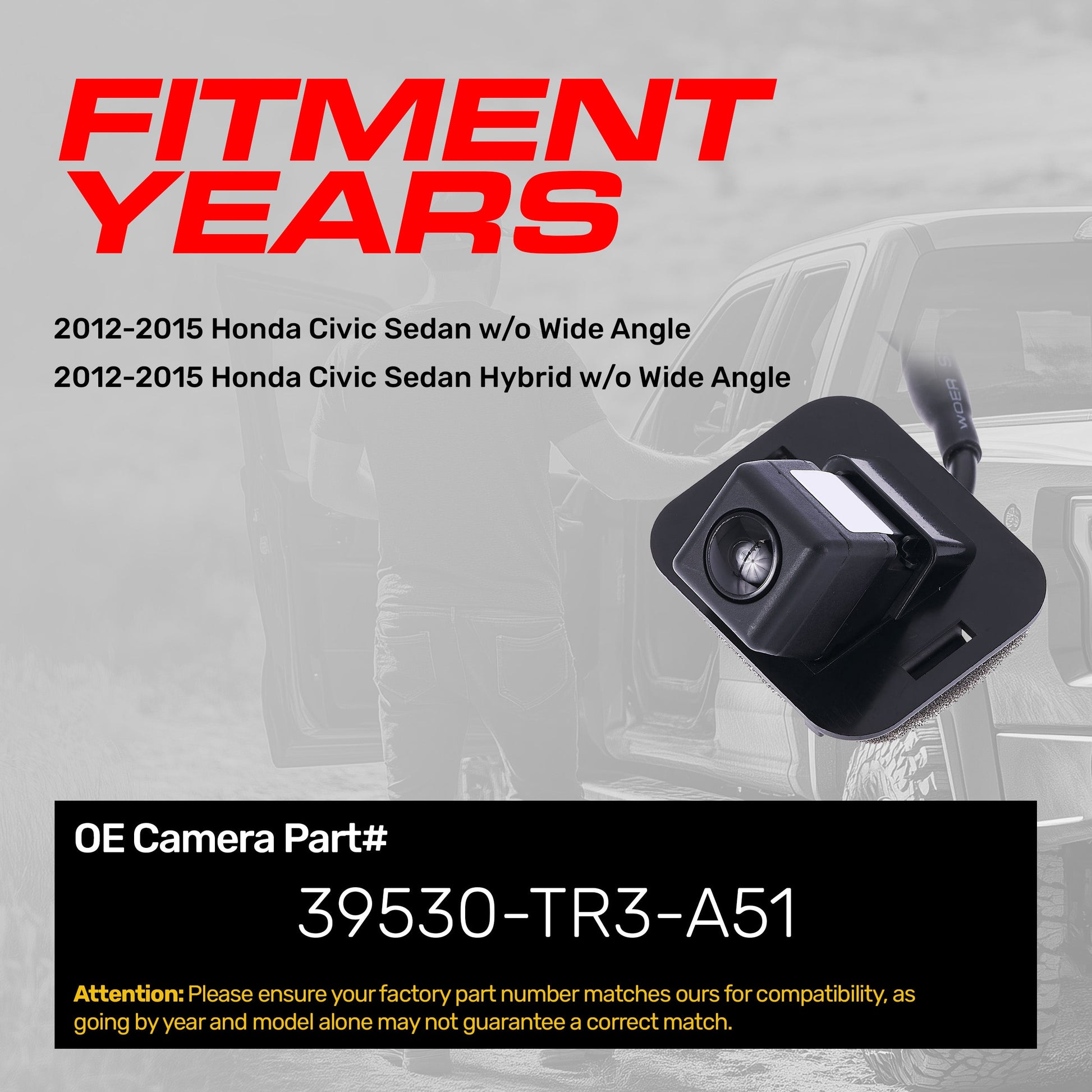 Honda Civic OE backup camera 2012-2015, OEM part 39530-TR3-A51, black housing on Tampa Home & Garden Store