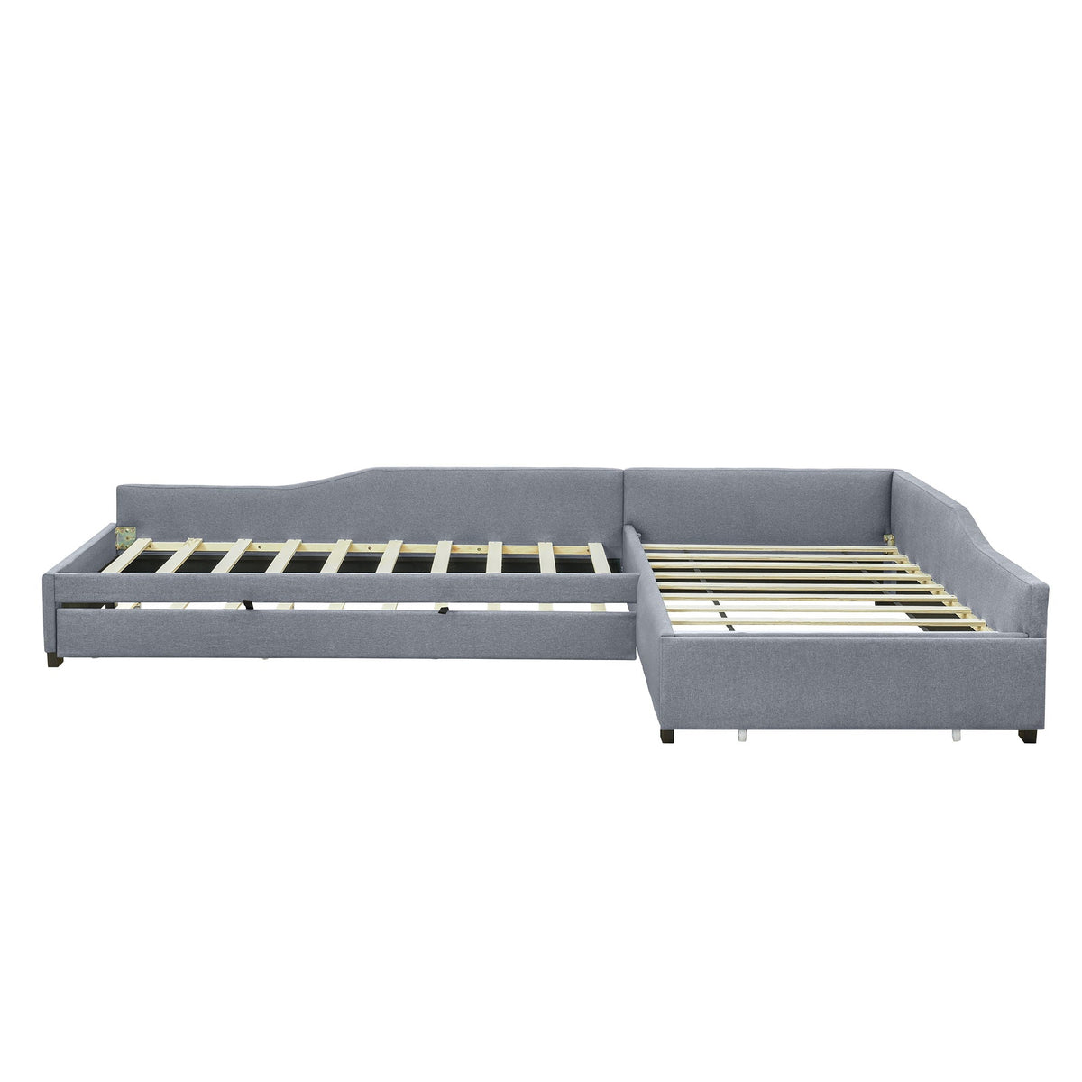 Upholstered double daybed with trundle and drawer in gray fabric by HouseOfZazla, slat bases on Tampa Home & Garden Store