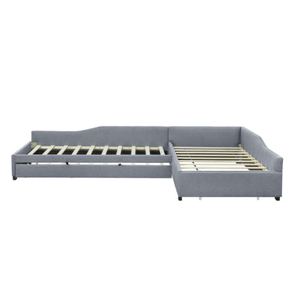 Upholstered double daybed with trundle and drawer in gray fabric by HouseOfZazla, slat bases on Tampa Home & Garden Store