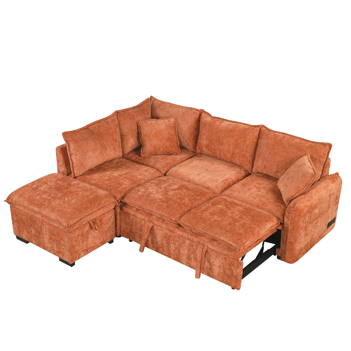 HouseOfZazla orange convertible sleeper sectional with storage ottoman and dual USB ports on Tampa Home & Garden Store