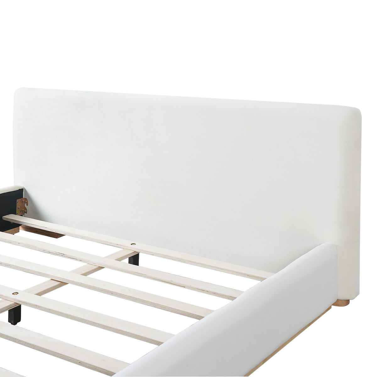 Queen upholstered bed with white fabric headboard and solid wood frame HouseOfZazla on Tampa Home & Garden Store