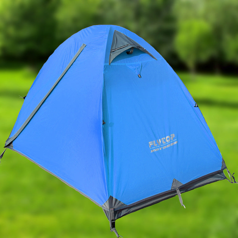 Blue ultralight camping tent with rainproof dome design and gray accents Flytop logo visible on Tampa Home & Garden Store