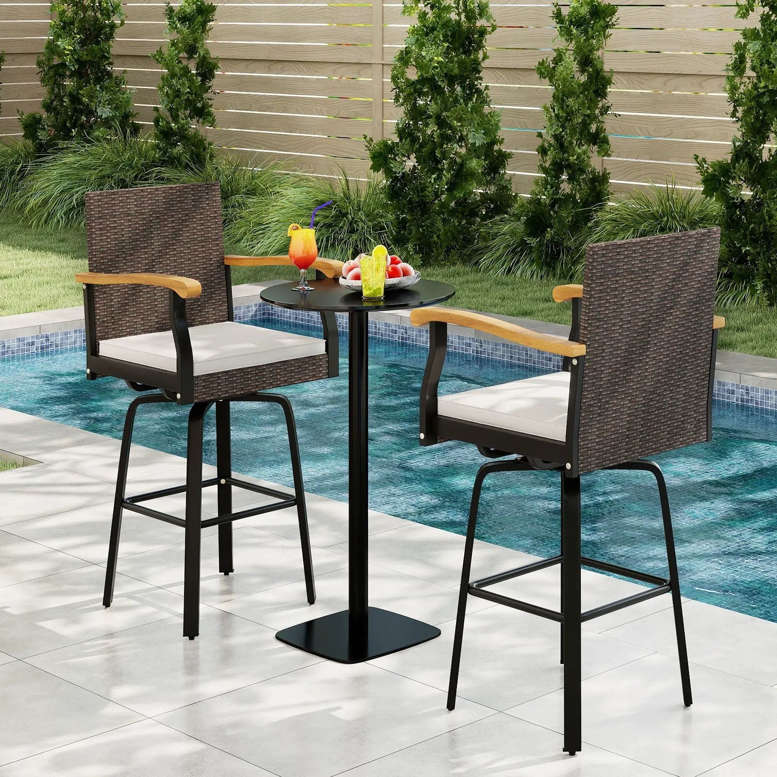 Set of 2 DirectDeals outdoor 360° swivel bar stools with cushions, brown wicker, acacia arms on Tampa Home & Garden Store