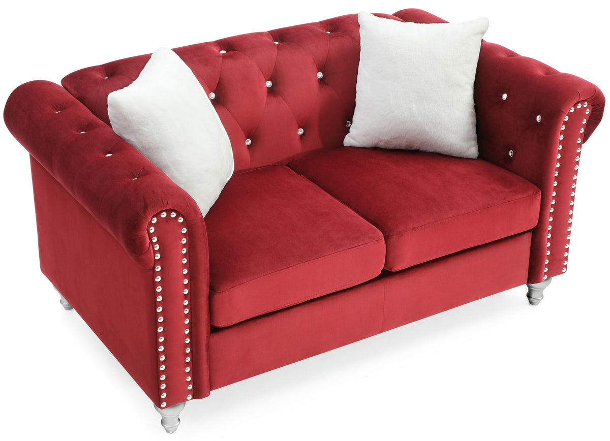 Contemporary red velvet loveseat with jeweled tufting and silver nailhead trim, two white pillows on Tampa Home & Garden Store