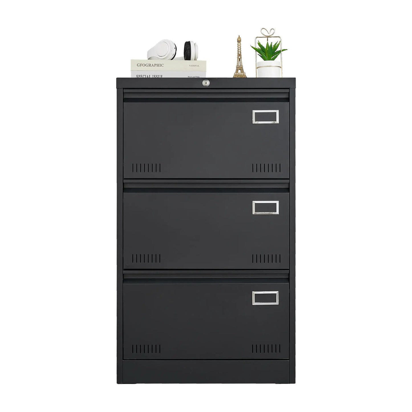 Dark metal 3-drawer locking filing cabinet by Unique Piece Furniture with front label windows on Tampa Home & Garden Store