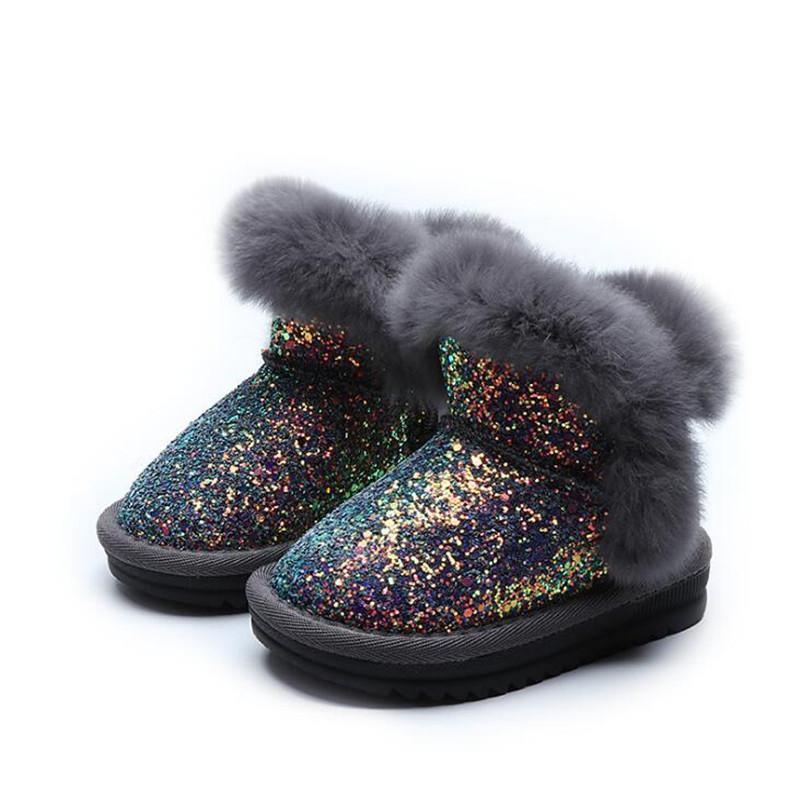 Stevvex toddler glitter winter boots pair with gray faux fur cuff, multicolor upper, black sole on Tampa Home & Garden Store