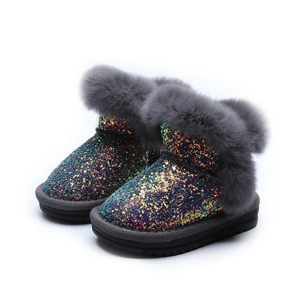 Stevvex toddler glitter winter boots pair with gray faux fur cuff, multicolor upper, black sole on Tampa Home & Garden Store