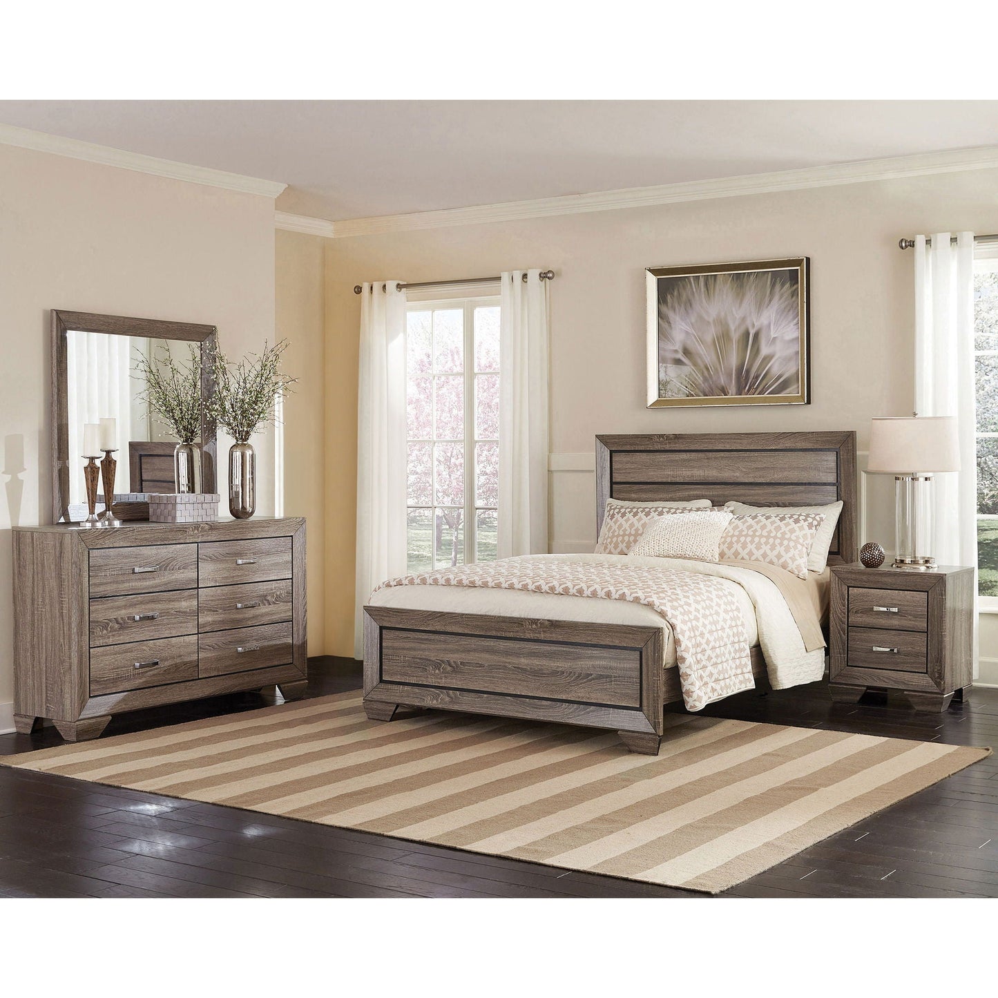 Oatfield Panel Bed by HouseOfZazla in gray wood with 2 matching nightstands on Tampa Home & Garden Store