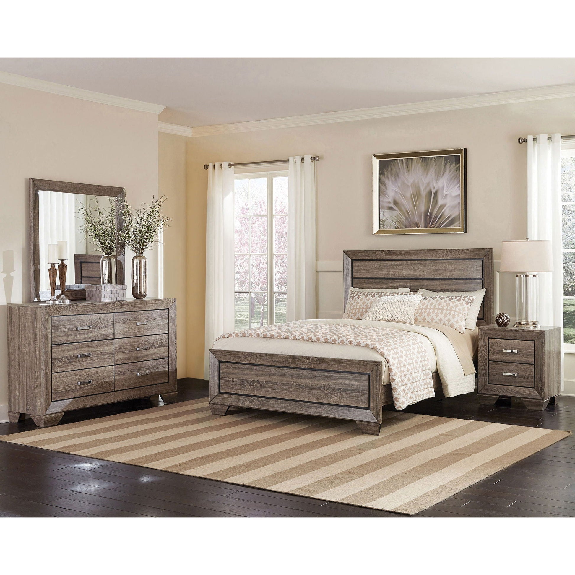 Oatfield Panel Bed by HouseOfZazla in gray wood with 2 matching nightstands on Tampa Home & Garden Store