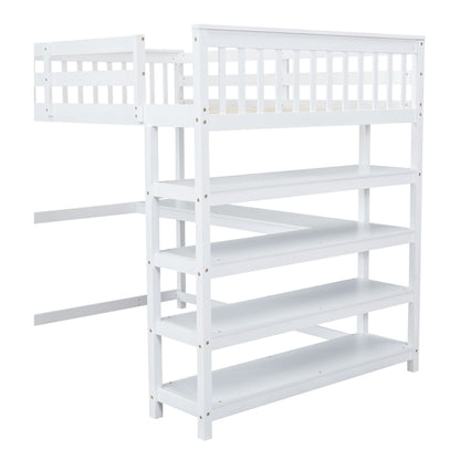 Loft bed with storage shelves and under-bed desk, white wood, HouseOfZazla on Tampa Home & Garden Store