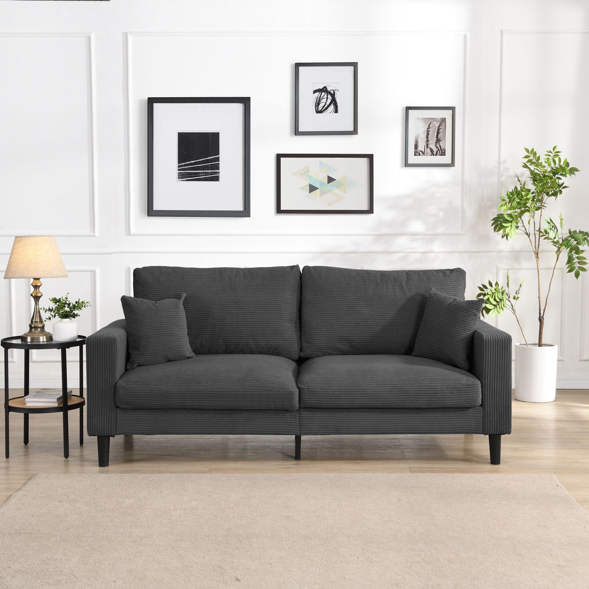 Modern Upholstered Three Seater Sofa and Pillows