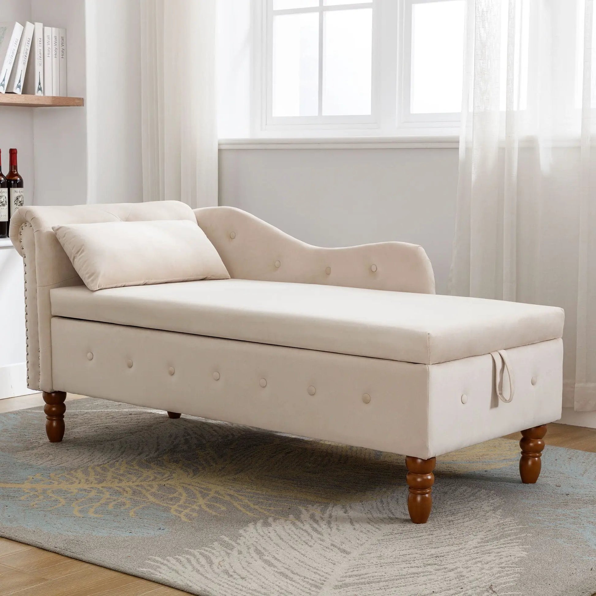 Beige upholstered chaise lounge with storage drawer, pillow, nailhead trim, wood legs on Tampa Home & Garden Store