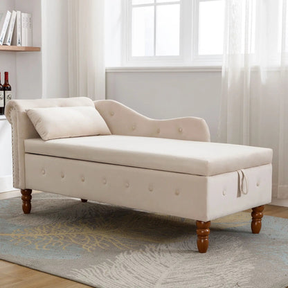 Beige upholstered chaise lounge with storage drawer, pillow, nailhead trim, wood legs on Tampa Home & Garden Store
