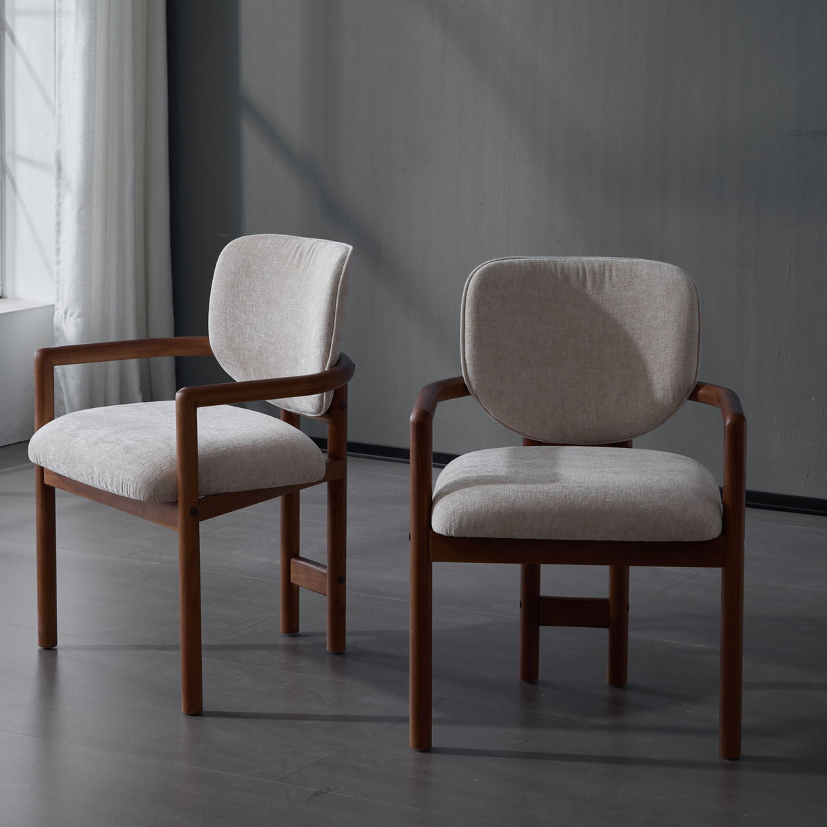 Upholstered Arm Dining Chairs (Set of 2) beige fabric with wooden armrests and frame on Tampa Home & Garden Store