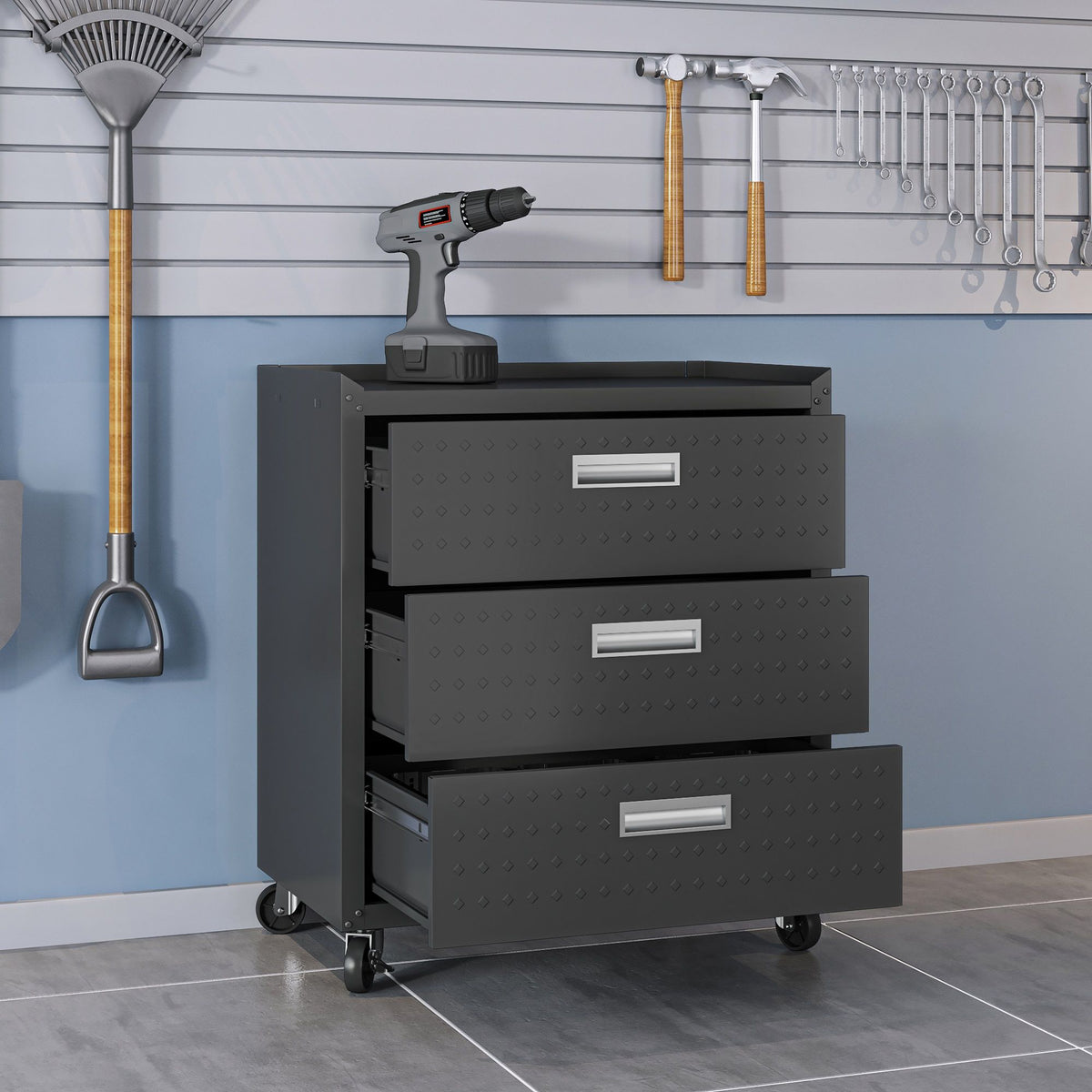 HouseOfZazla 3-drawer rolling garage cabinet in dark gray with caster wheels on Tampa Home & Garden Store