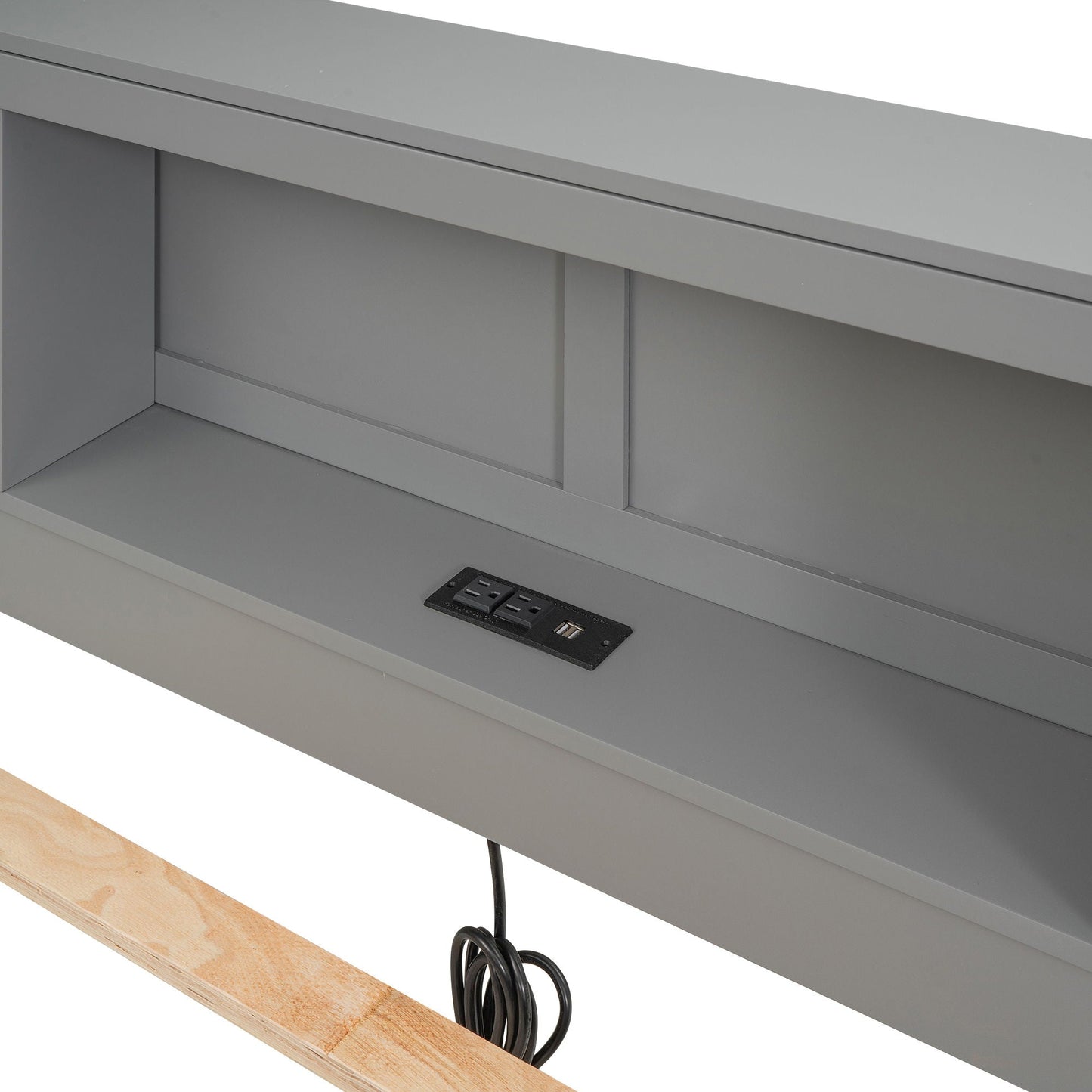 Platform bed with storage headboard in gray, built-in outlets and drawer area on Tampa Home & Garden Store