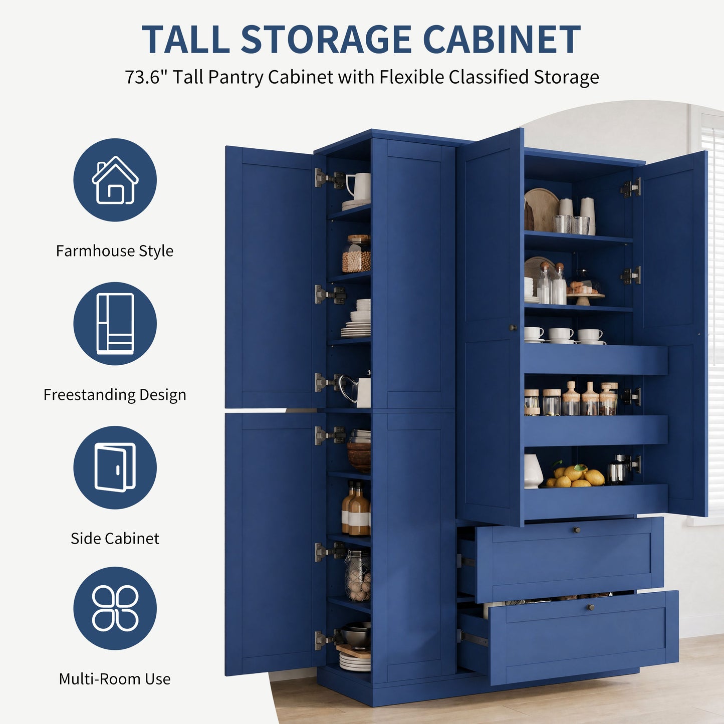 Tall Farmhouse Pantry Cabinet with Eight Shelves