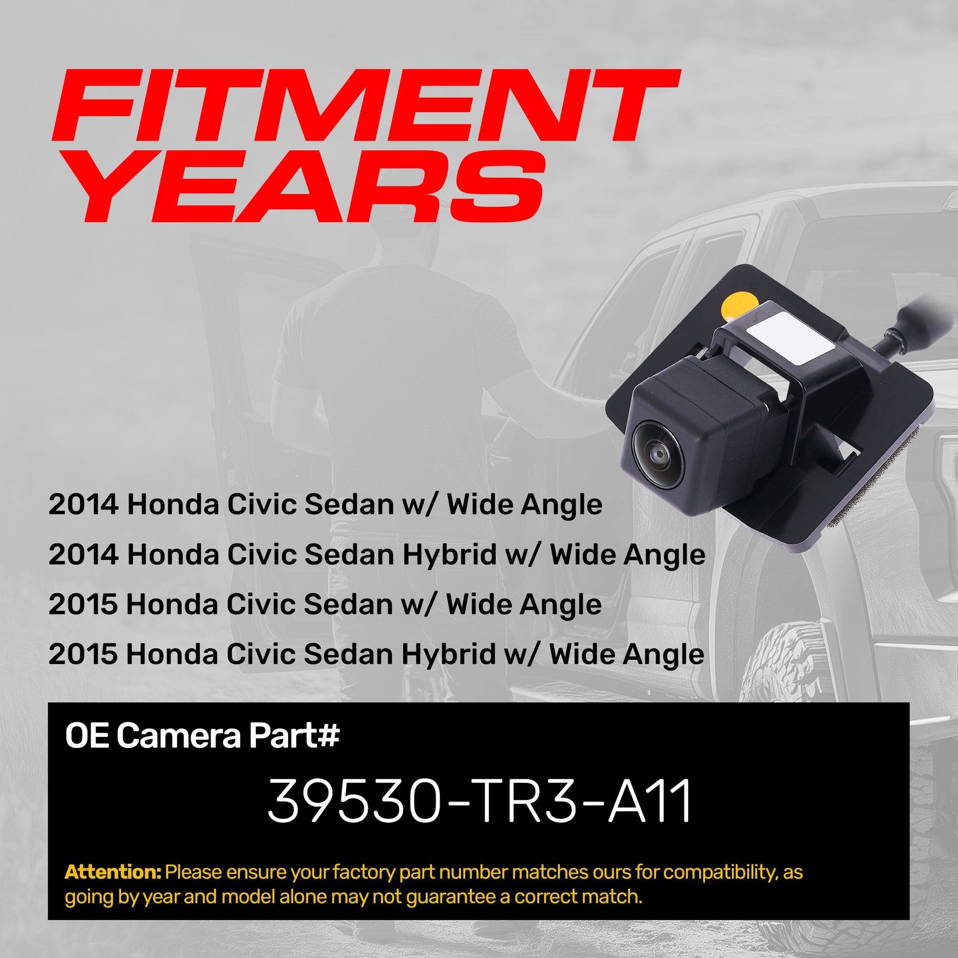 OE backup camera by Master Tailgaters for Honda Civic Sedan w/ Wide Angle, OEM part 39530-TR3-A11 on Tampa Home & Garden Store