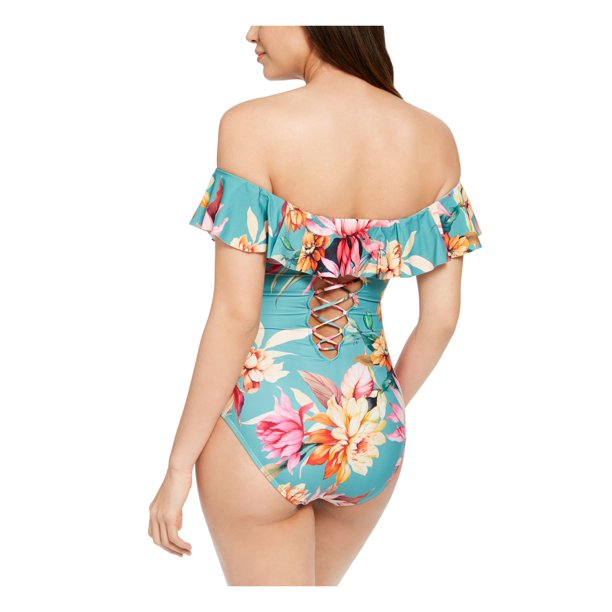 La Blanca floral stretch one-piece swimsuit off-shoulder lace-up back, ruched ruffles on Tampa Home & Garden Store