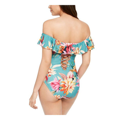 Floral teal off-shoulder one-piece swimsuit with lace-up back Vanessa Jane new with tags on Tampa Home & Garden Store