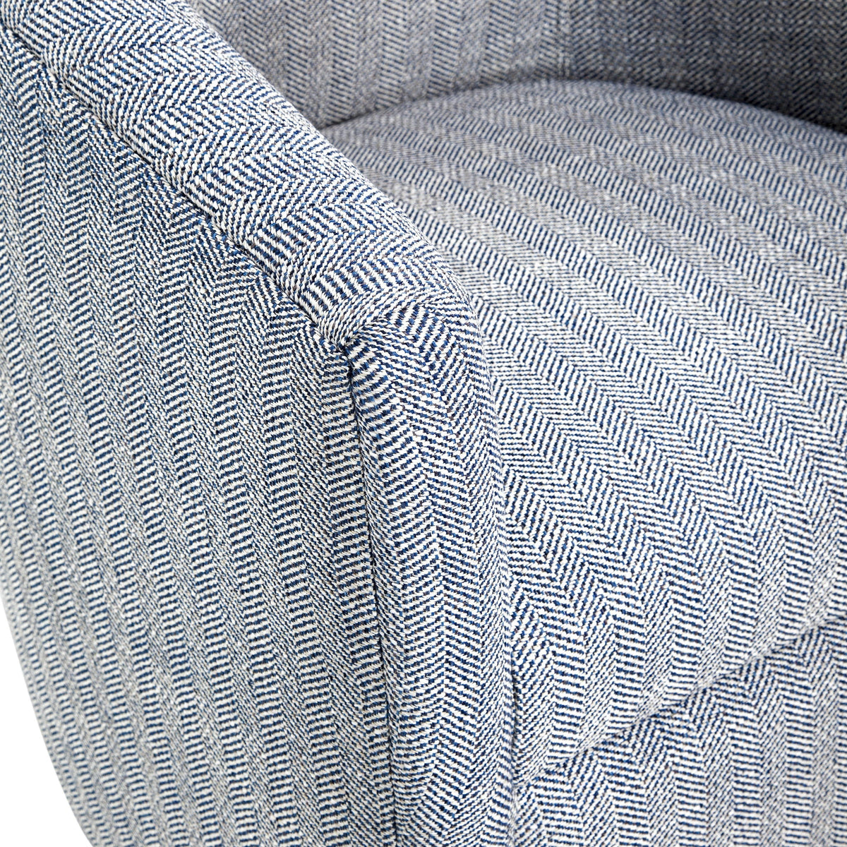 Lainey Swivel Barrel Chair fabric close-up in blue and white herringbone by HouseOfZazla on Tampa Home & Garden Store